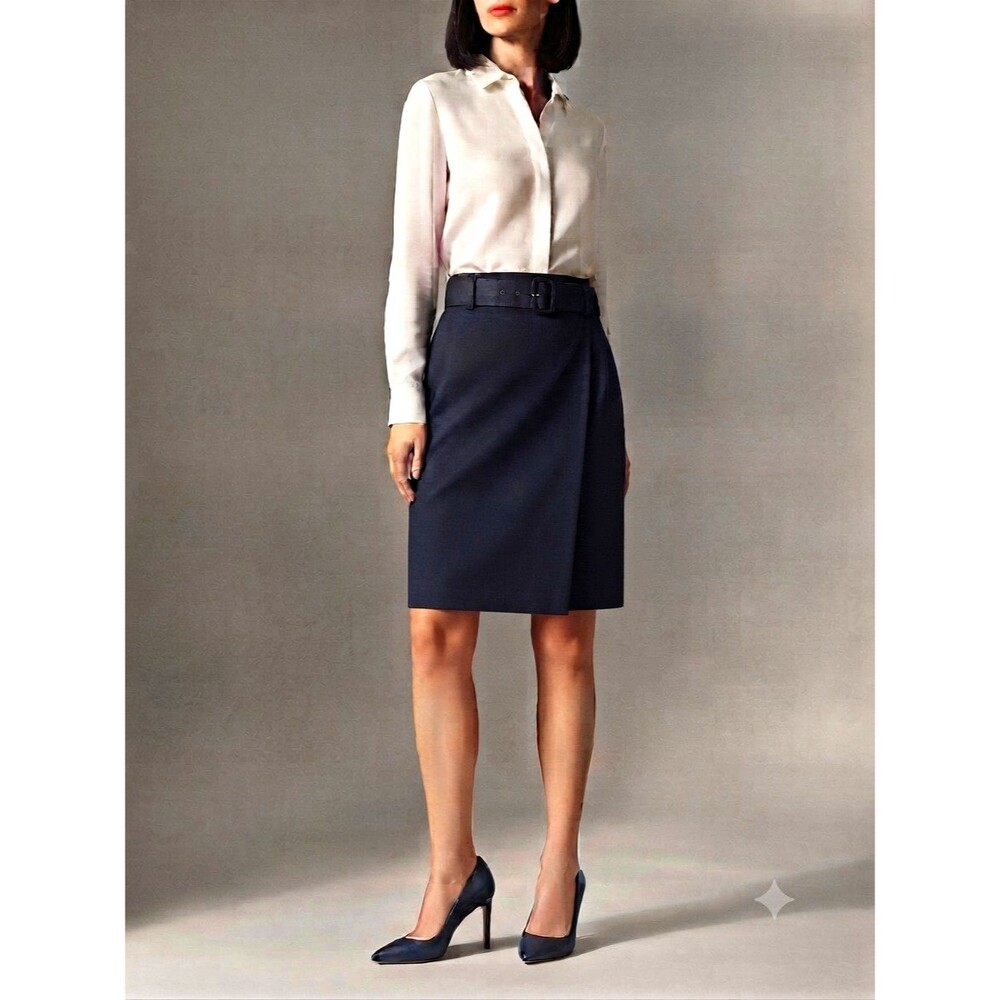 J.Crew Navy Solid High Rise Knee Length Belted Pencil Skirt